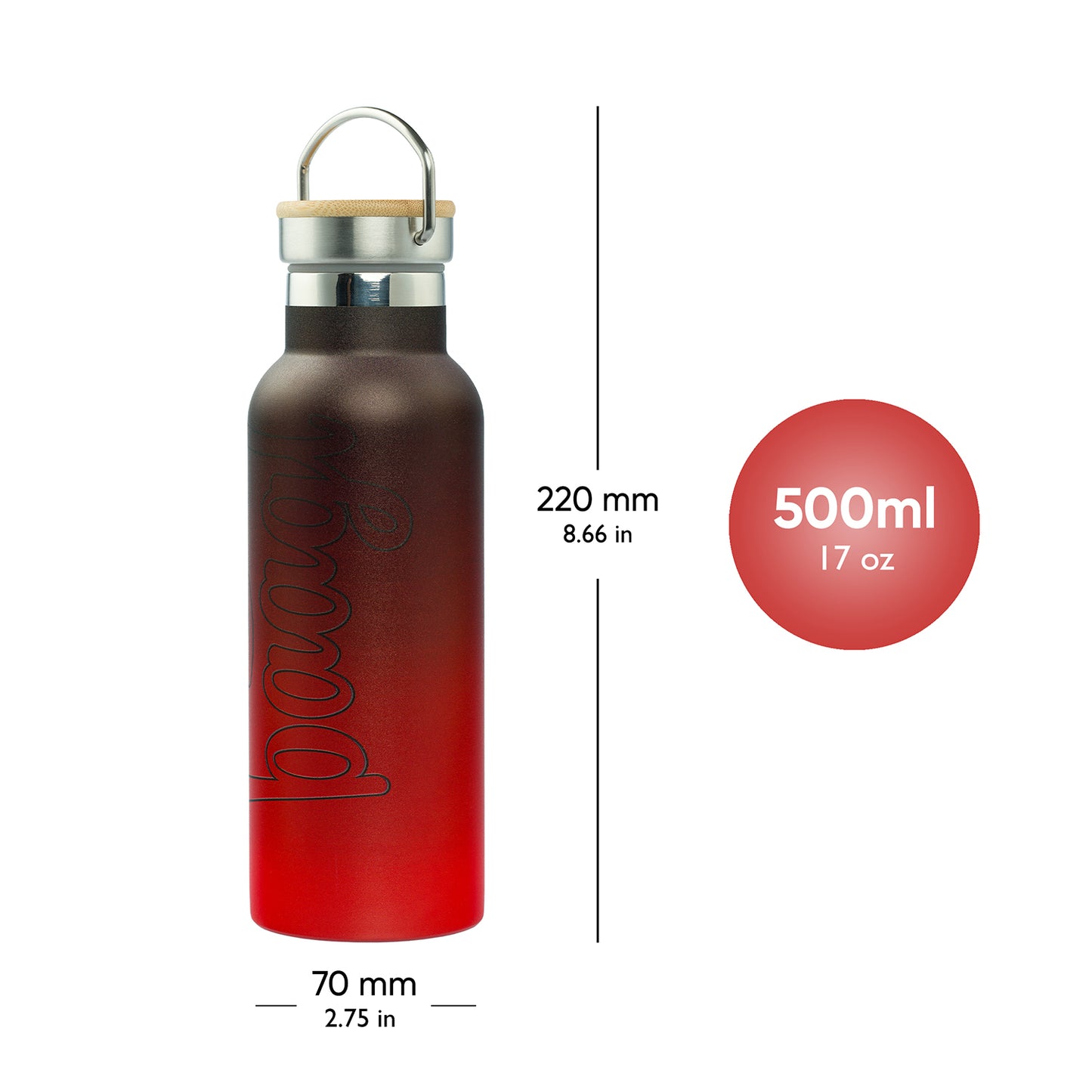 Termobutelka z bambusowym wieczkiem Gradient Czerwony, 500 ml